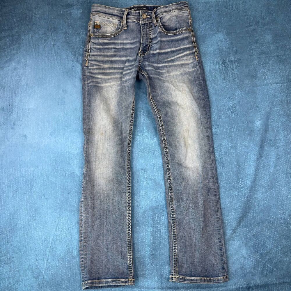 BKE Jake Straight Jeans Mens 30x30 Light Wash Thick Stitch Buckle